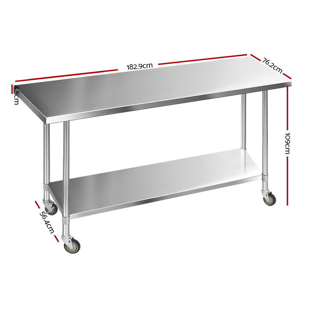 Cefito 1829 x 762mm Commercial Stainless Steel Kitchen Bench with 4pcs Castor Wheels freeshipping - Awezingly