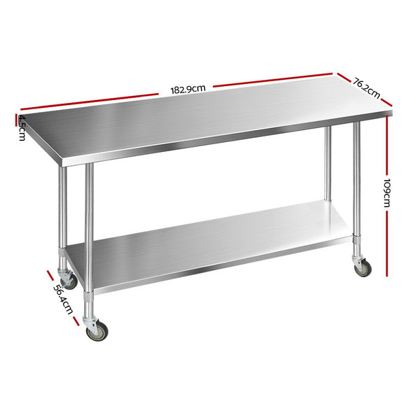 Cefito 1829 x 762mm Commercial Stainless Steel Kitchen Bench with 4pcs Castor Wheels freeshipping - Awezingly