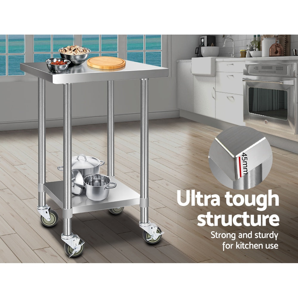 Cefito 430 Stainless Steel Kitchen Benches Work Bench Food Prep Table with Wheels 610MM x 610MM Does not apply