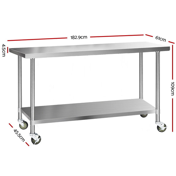 Cefito 430 Stainless Steel Kitchen Benches Work Bench Food Prep Table with Wheels 1829MM x 610MM freeshipping - Awezingly