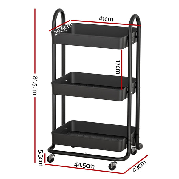 Artiss Storage Trolley Kitchen Cart 3 Tiers Rack Shelf Organiser Wheels Black Artiss