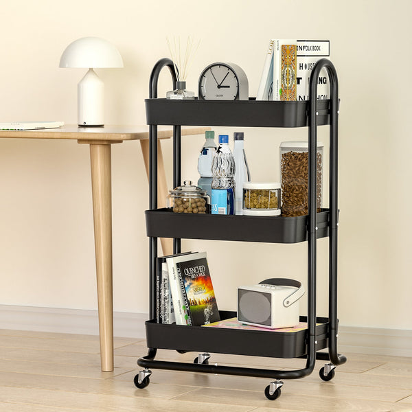 Artiss Storage Trolley Kitchen Cart 3 Tiers Rack Shelf Organiser Wheels Black Artiss