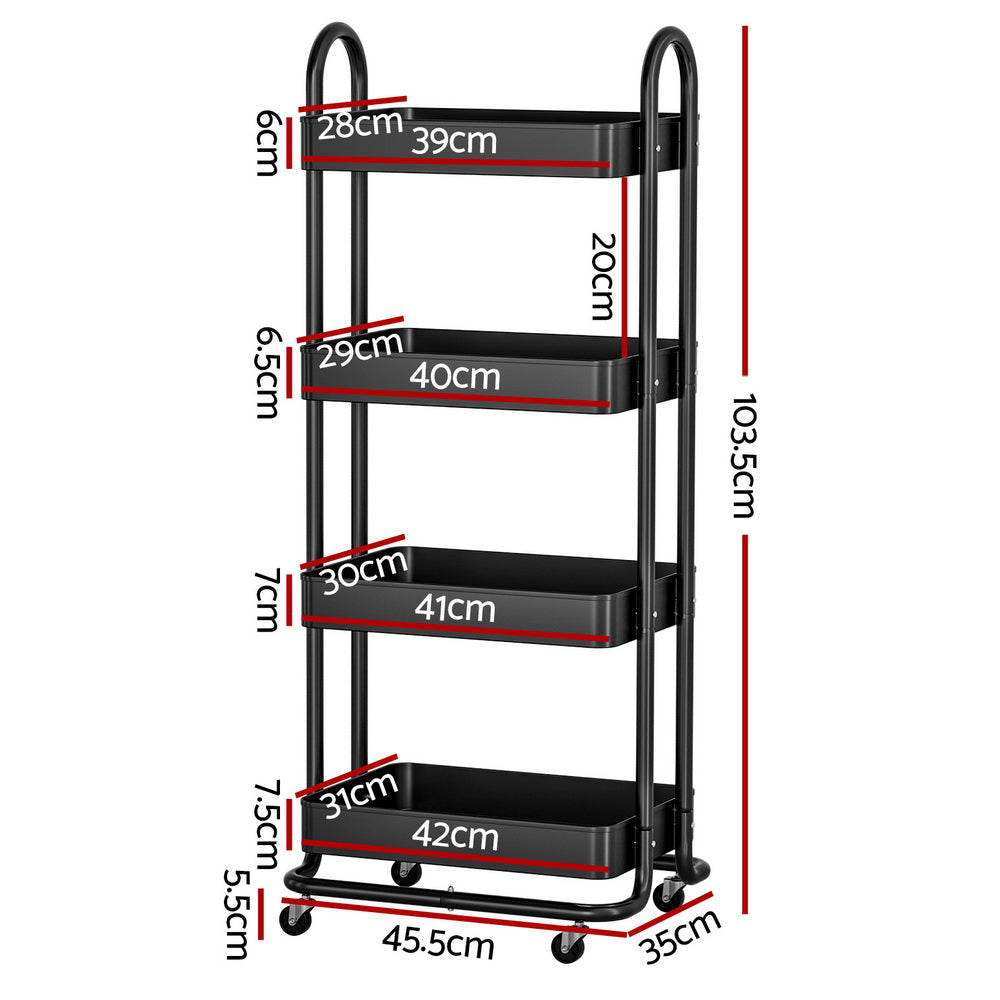 Artiss Storage Trolley Kitchen Cart 4 Tiers Black Artiss