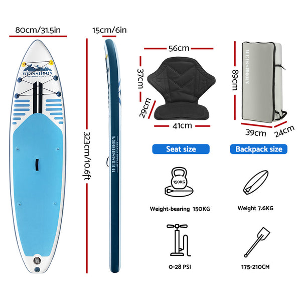 Weisshorn Stand Up Paddle Board Inflatable SUP Surfboard Paddleboard Kayak 10FT Weisshorn