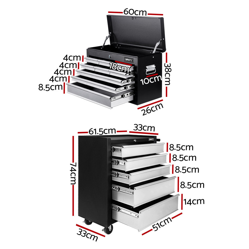 Giantz 14 Drawers Toolbox Trolley Storage Box - Black & Silver Giantz