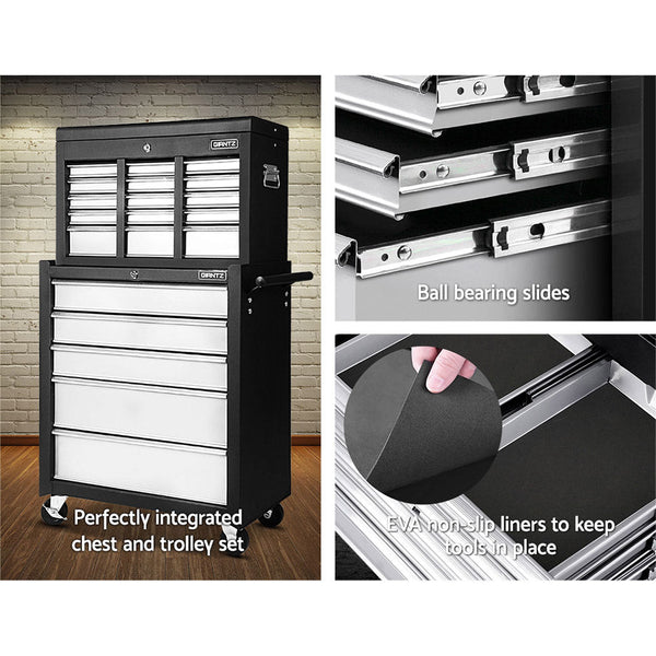 Giantz 14 Drawers Toolbox Trolley Storage Box - Black & Silver Giantz