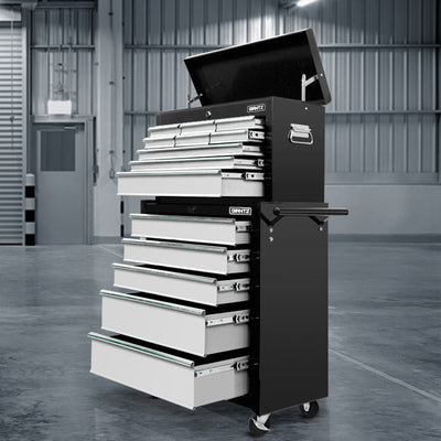 Giantz 14 Drawers Toolbox Trolley Storage Box - Black & Silver