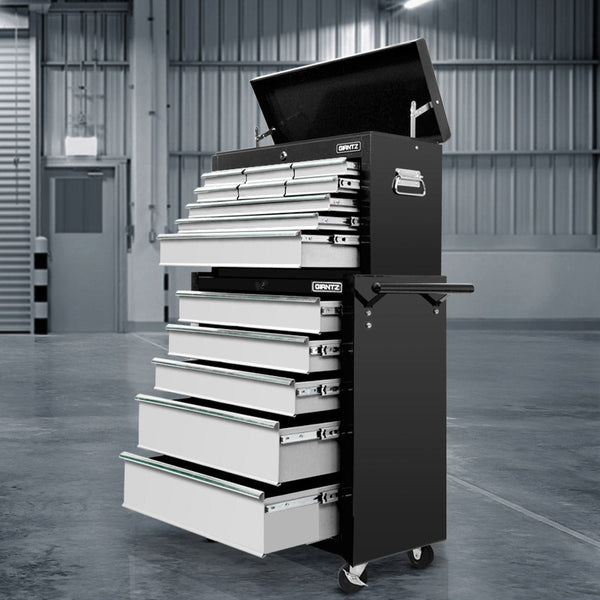 Giantz 14 Drawers Toolbox Trolley Storage Box - Black & Silver Giantz