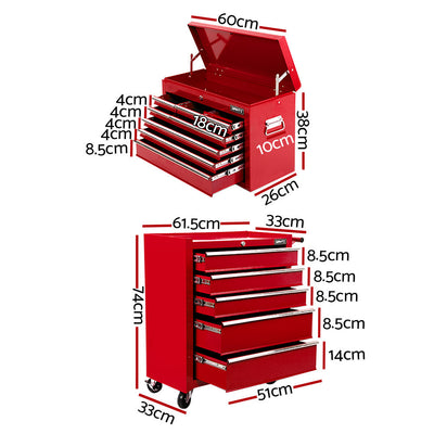 Giantz 14 Drawers Toolbox Trolley Storage Box - Red