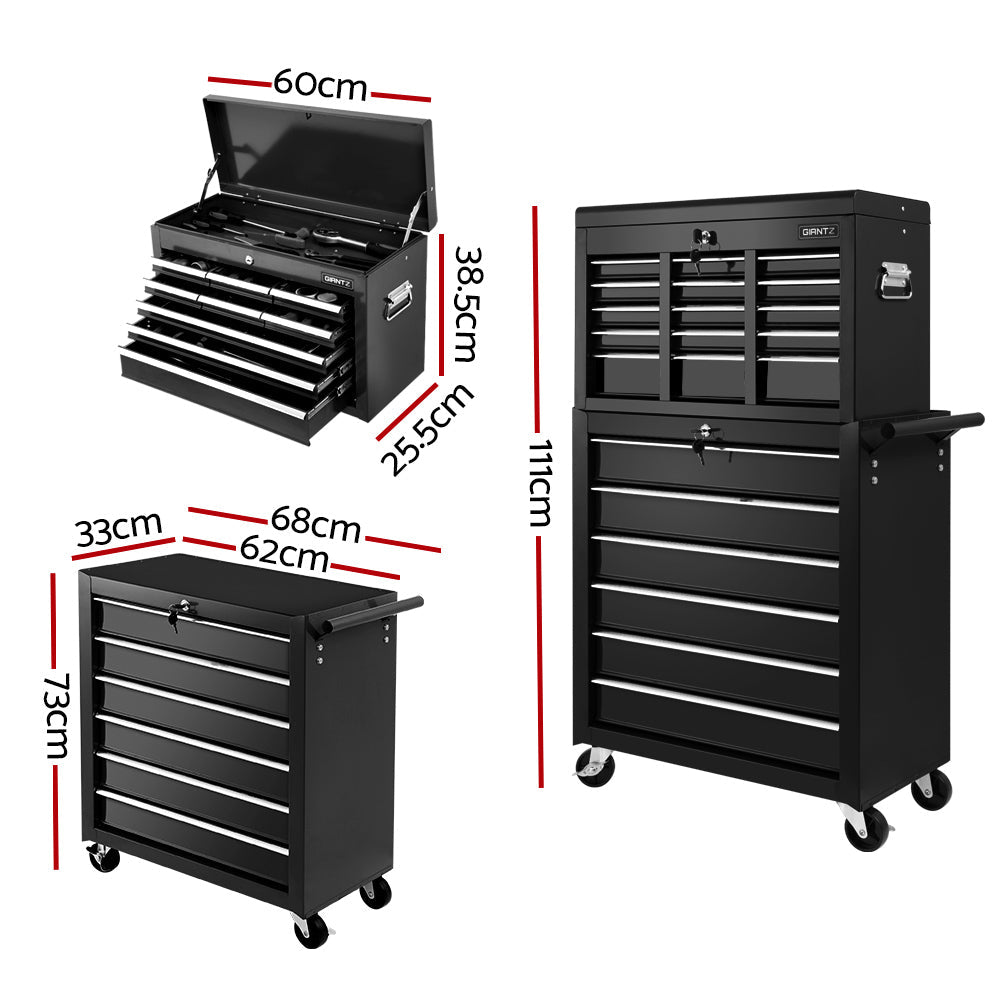 Giantz 15 Drawers Tool Box Chest Trolley Cabinet Garage Storage Boxes Organizer Black Giantz