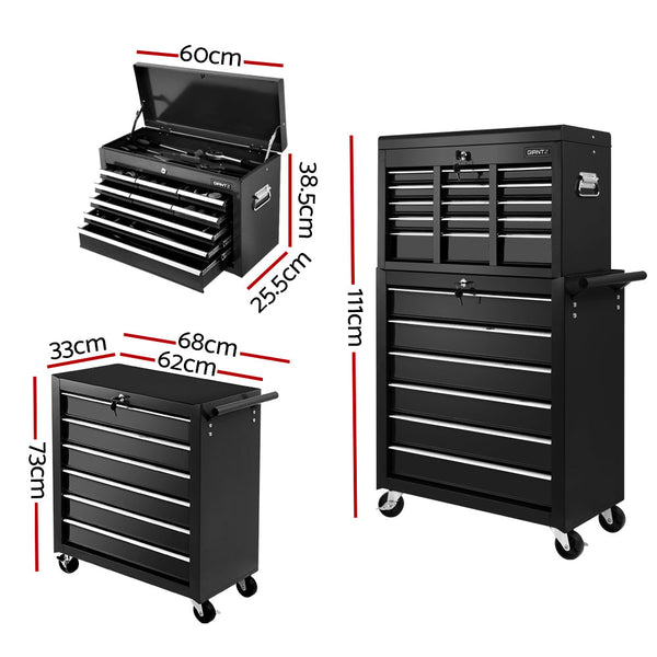 Giantz 15 Drawers Tool Box Chest Trolley Cabinet Garage Storage Boxes Organizer Black Giantz