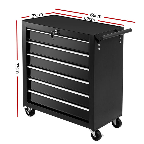 Giantz Tool Box Trolley Chest Cabinet 6 Drawers Cart Garage Toolbox Set Black Giantz