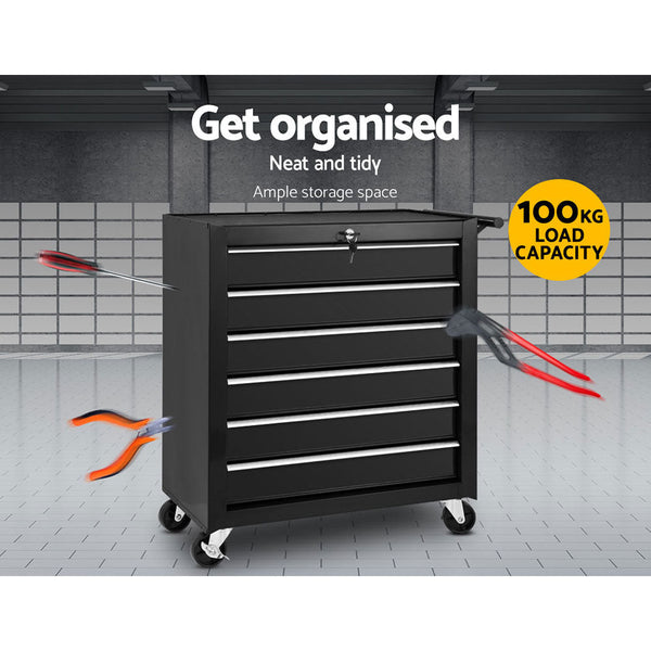 Giantz Tool Box Trolley Chest Cabinet 6 Drawers Cart Garage Toolbox Set Black Giantz