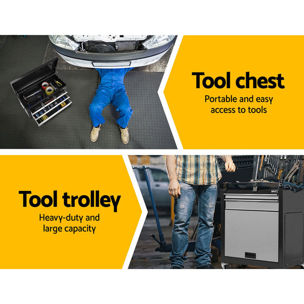 Giantz 7 Drawer Tool Box Cabinet Chest Storage Garage Toolbox Organiser Set  Black and Grey Giantz