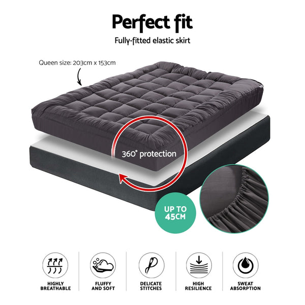 Giselle Queen Mattress Topper Pillowtop 1000GSM Charcoal Microfibre Bamboo Fibre Filling Protector freeshipping - Awezingly