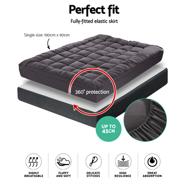 Giselle Single Mattress Topper Pillowtop 1000GSM Charcoal Microfibre Bamboo Fibre Filling Protector freeshipping - Awezingly