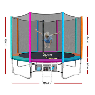12FT Trampoline Round Trampolines Kids Enclosure Safety Net Pad Outdoor Multi-coloured Flat