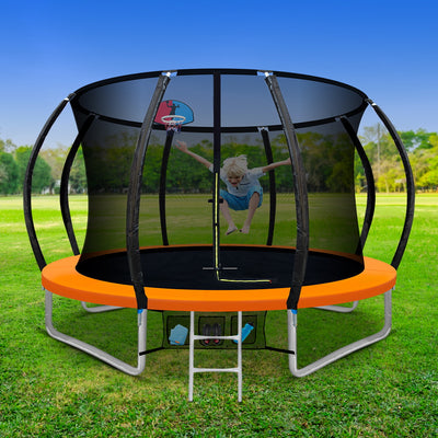 10FT Trampoline Round Trampolines With Basketball Hoop Kids Present Gift Enclosure Safety Net Pad Outdoor Orange