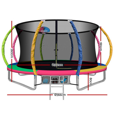 12FT Trampoline Round Trampolines With Basketball Hoop Safety Net Pad Outdoor Multi-coloured