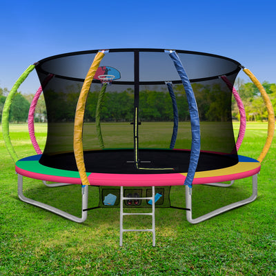 12FT Trampoline Round Trampolines With Basketball Hoop Safety Net Pad Outdoor Multi-coloured
