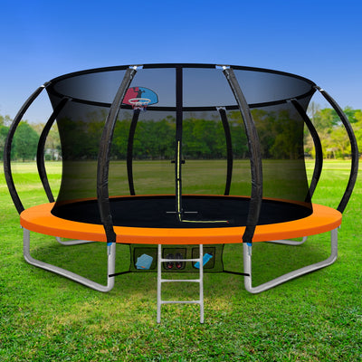 12FT Trampoline Round Trampolines With Basketball Hoop Kids Present Gift Enclosure Safety Net Pad Outdoor Orange