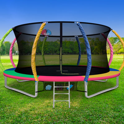 14FT Trampoline Round Trampolines With Basketball Hoop Kids Present Gift Enclosure Safety Net Pad Outdoor Multi-coloured