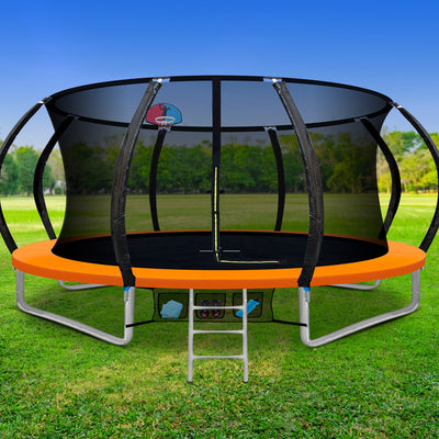14FT Trampoline Round Trampolines With Basketball Hoop Kids Present Gift Enclosure Safety Net Pad Outdoor Orange