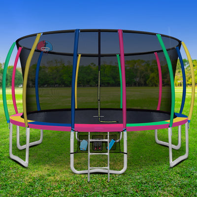 16FT Trampoline Round Trampolines With Basketball Hoop Kids Present Gift Enclosure Safety Net Pad Outdoor Multi-coloured
