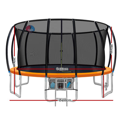 16FT Trampoline Round Trampolines With Basketball Hoop Kids Present Gift Enclosure Safety Net Pad Outdoor Orange