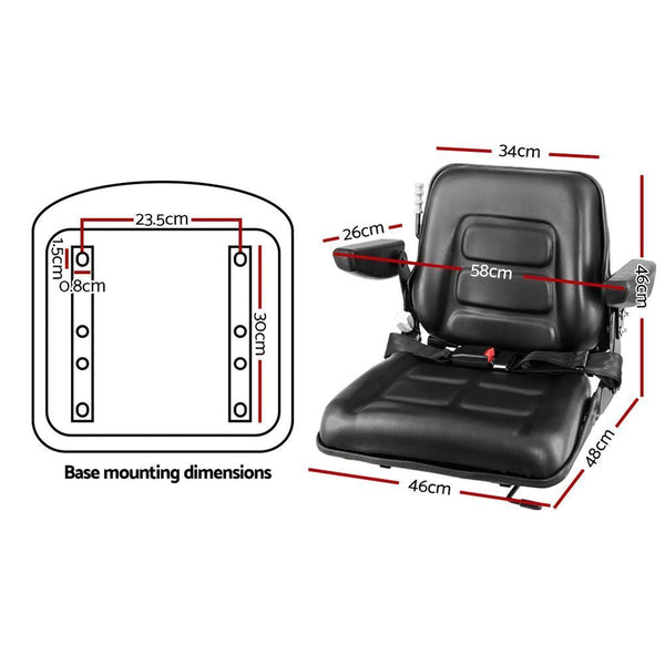 Giantz Tractor Seat with Armrest Forklift Excavator Bulldozer Universal Suspension Backrest Truck Chair black Giantz