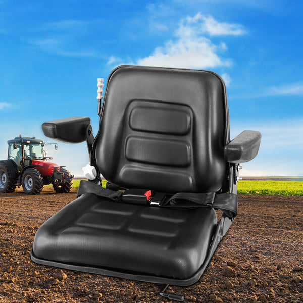 Giantz Tractor Seat with Armrest Forklift Excavator Bulldozer Universal Suspension Backrest Truck Chair black Giantz