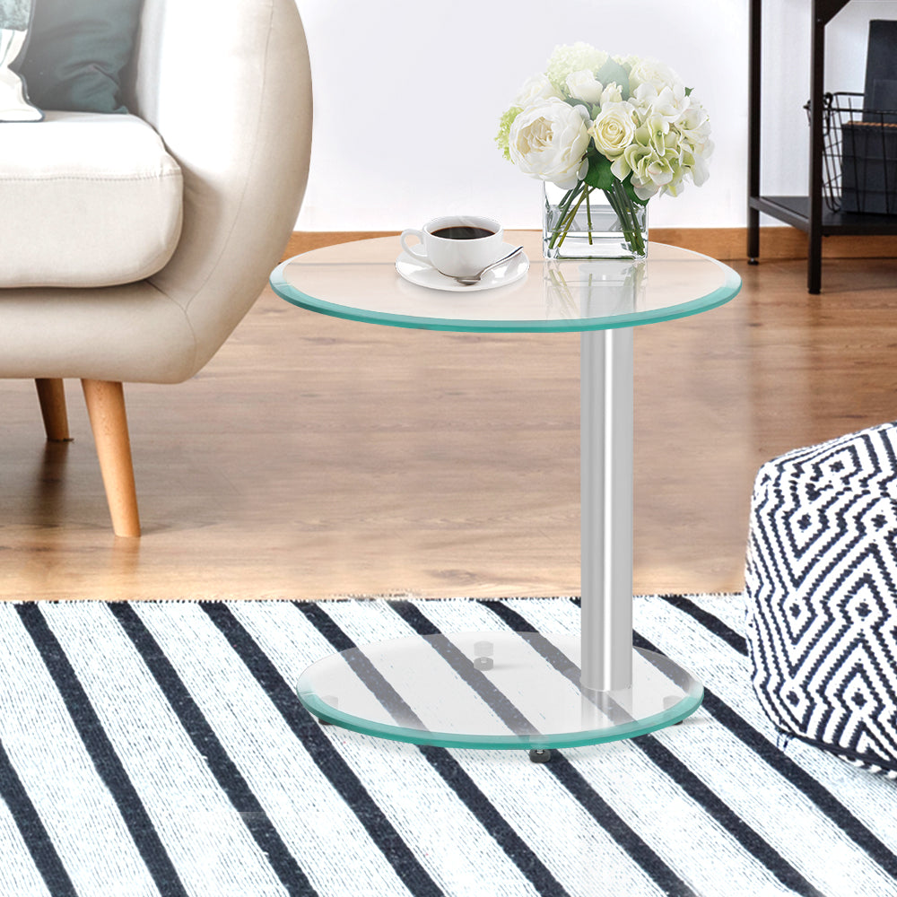 Artiss Side Coffee Table Oval Tempered Glass Top 2 Tier freeshipping - Awezingly