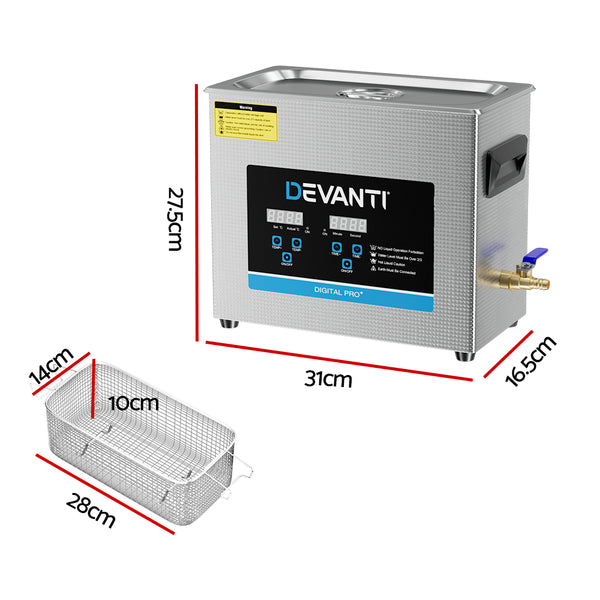 Devanti 6.5L Ultrasonic Cleaner Heater Cleaning Machine Timer Industrial 180W Devanti