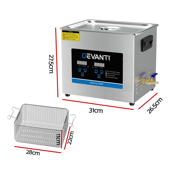 Devanti 10L Ultrasonic Cleaner Heater Cleaning Machine Timer Industrial 240W Devanti