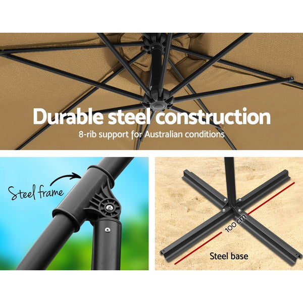 Instahut 3M Umbrella with 50x50cm Base Outdoor Umbrellas Cantilever Sun Stand UV Garden Beige freeshipping - Awezingly