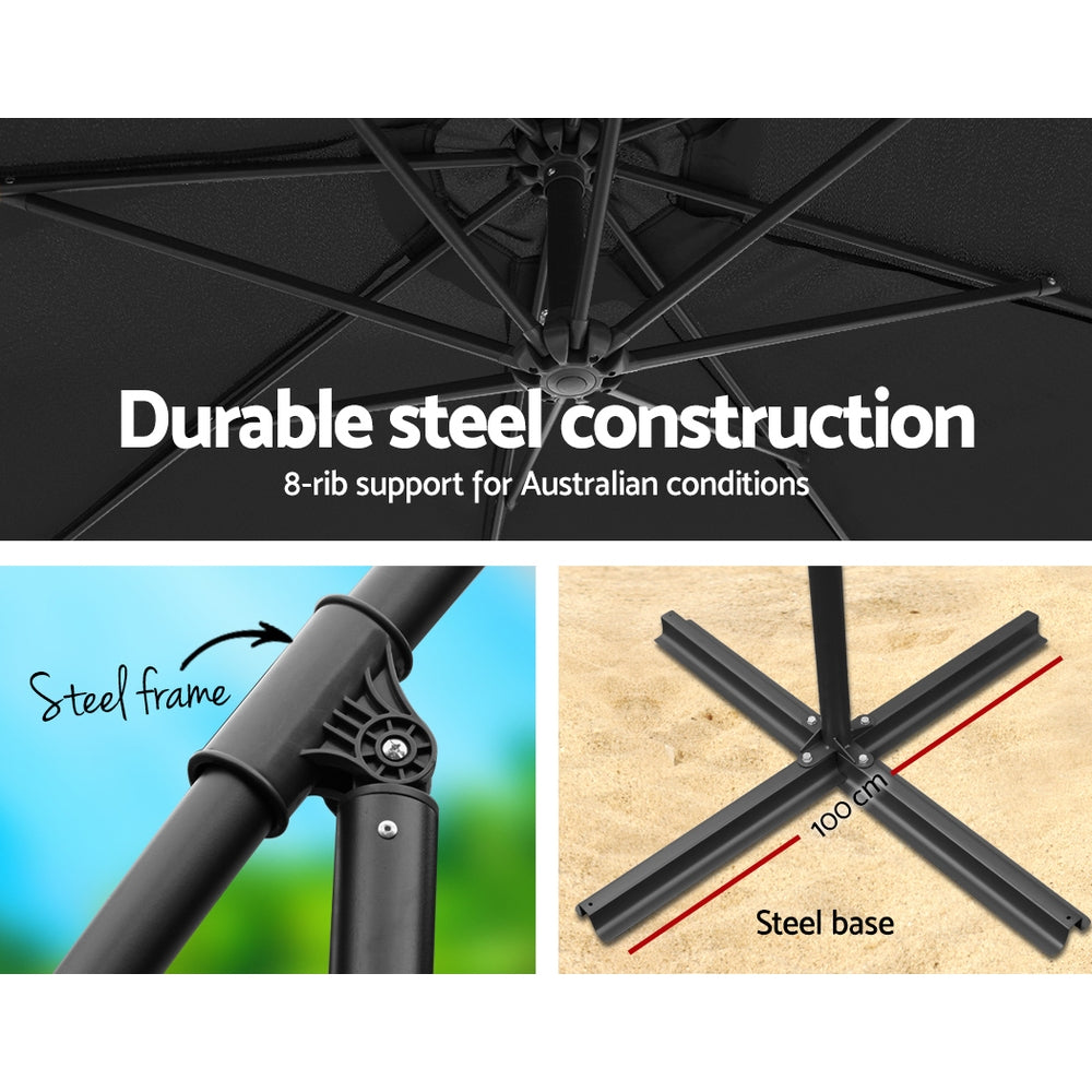 Instahut 3M Umbrella with 50x50cm Base Outdoor Umbrellas Cantilever Sun Stand UV Garden Black freeshipping - Awezingly