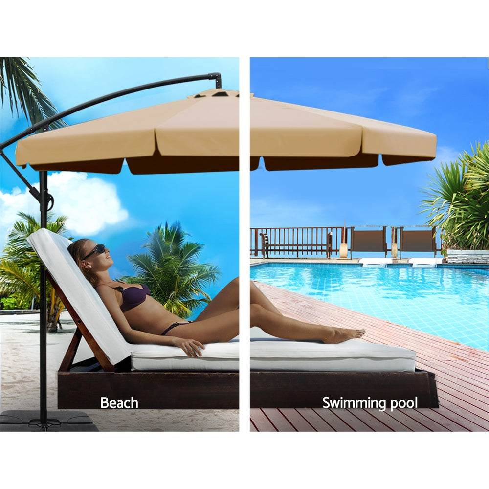 Instahut 3M Umbrella with 50x50cm Base Outdoor Umbrellas Cantilever Patio Sun Beach UV Beige freeshipping - Awezingly