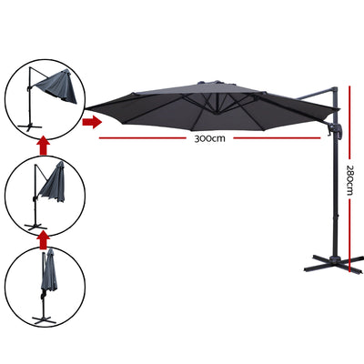 Instahut Outdoor Umbrella 3M Roma Cantilever Beach Furniture Garden 360 Degree Charcoal