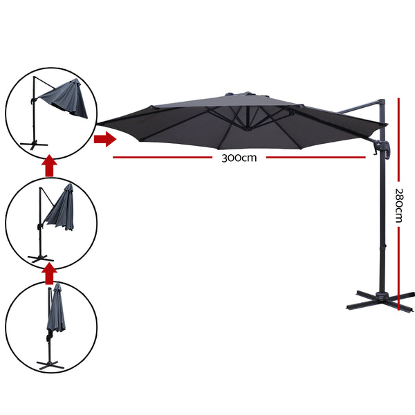 Instahut 3M Roma Outdoor Furniture Garden Umbrella 360 Degree Charcoal freeshipping - Awezingly