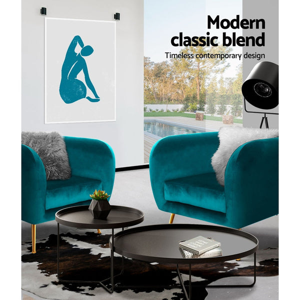 Artiss Armchair Lounge Sofa Arm Chair Accent Chairs Armchairs Couch Velvet Green Artiss