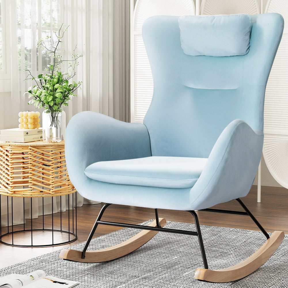 Artiss Rocking Chair Velvet Armchair Feeding Chair Blue Artiss