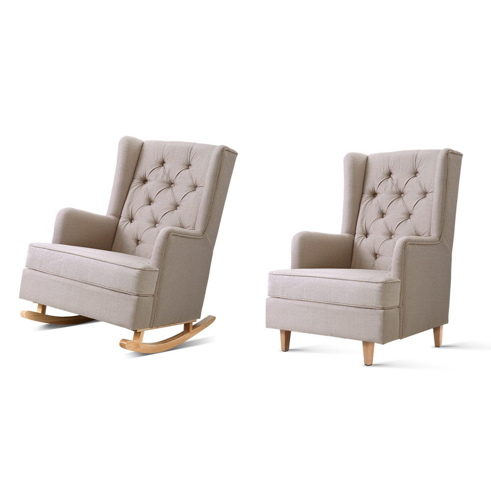 Artiss Rocking Armchair Feedining Chair Fabric Armchairs Lounge Recliner Beige freeshipping - Awezingly