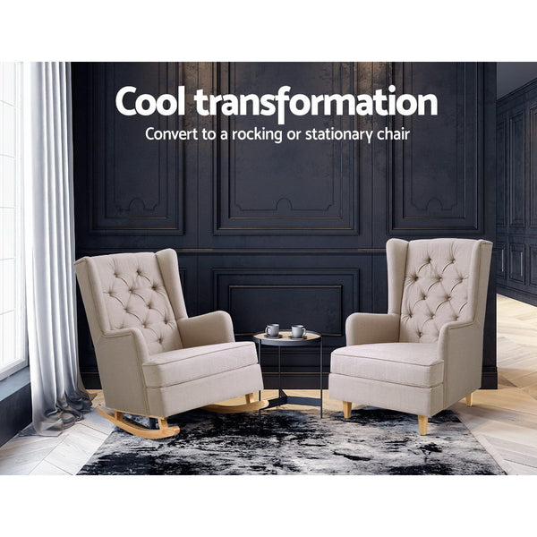 Artiss Rocking Armchair Feedining Chair Fabric Armchairs Lounge Recliner Beige freeshipping - Awezingly