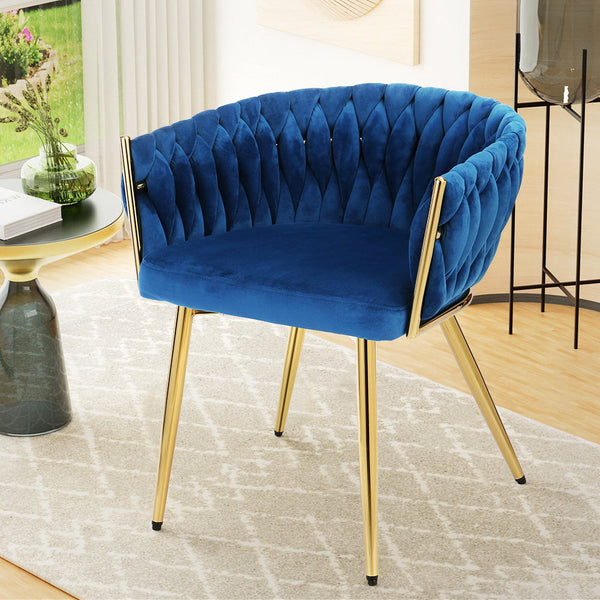 Artiss Dining Chair Cafe Chair Velvet Upholstered Woven Back Armrest Blue Artiss