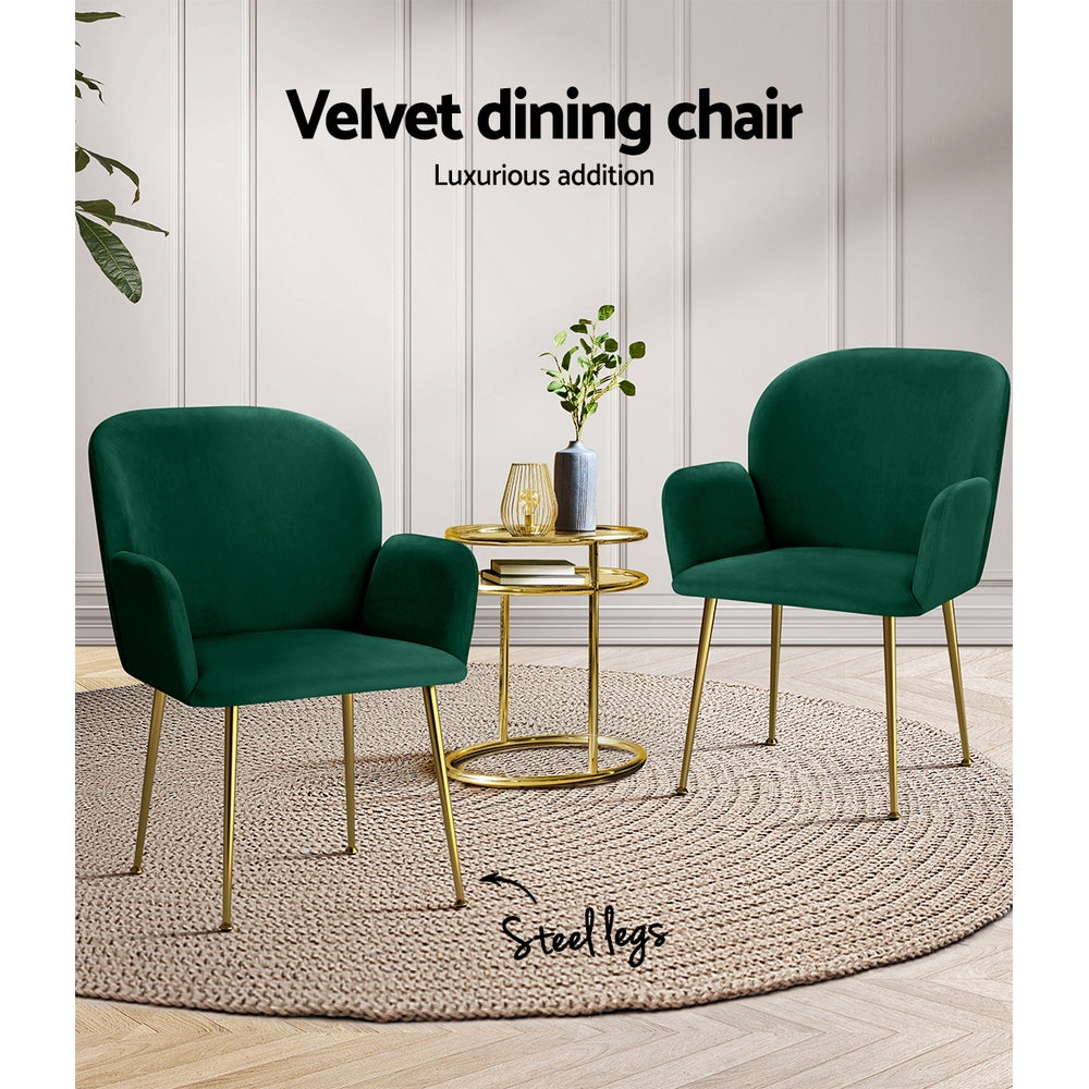 Artiss  Set of 2 Kynsee Dining Chair Armchair Cafe Chair Upholstered Velvet Green Artiss
