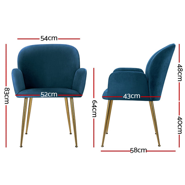 Artiss  Set of 2 Kynsee Dining Chairs Armchair Cafe Chair Upholstered Velvet Blue Artiss