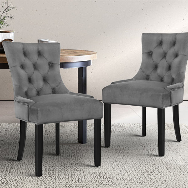 Artiss 2x Dining Chairs French Provincial Retro Chair Wooden Velvet Fabric Grey freeshipping - Awezingly