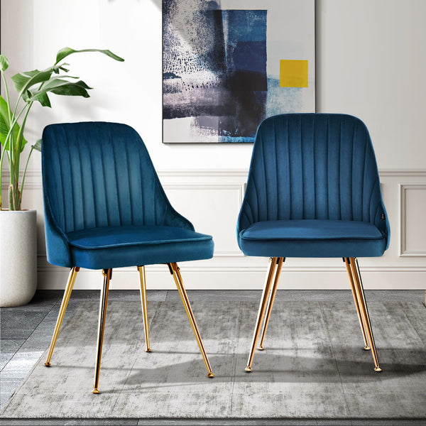 Artiss Set of 2 Dining Chairs Retro Chair Cafe Kitchen Modern Metal Legs Velvet Blue freeshipping - Awezingly