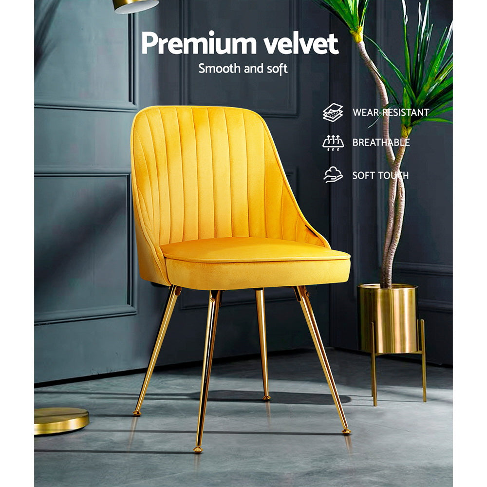 Artiss Set of 2 Dining Chairs Retro Chair Cafe Kitchen Modern Metal Legs Velvet Yellow freeshipping - Awezingly