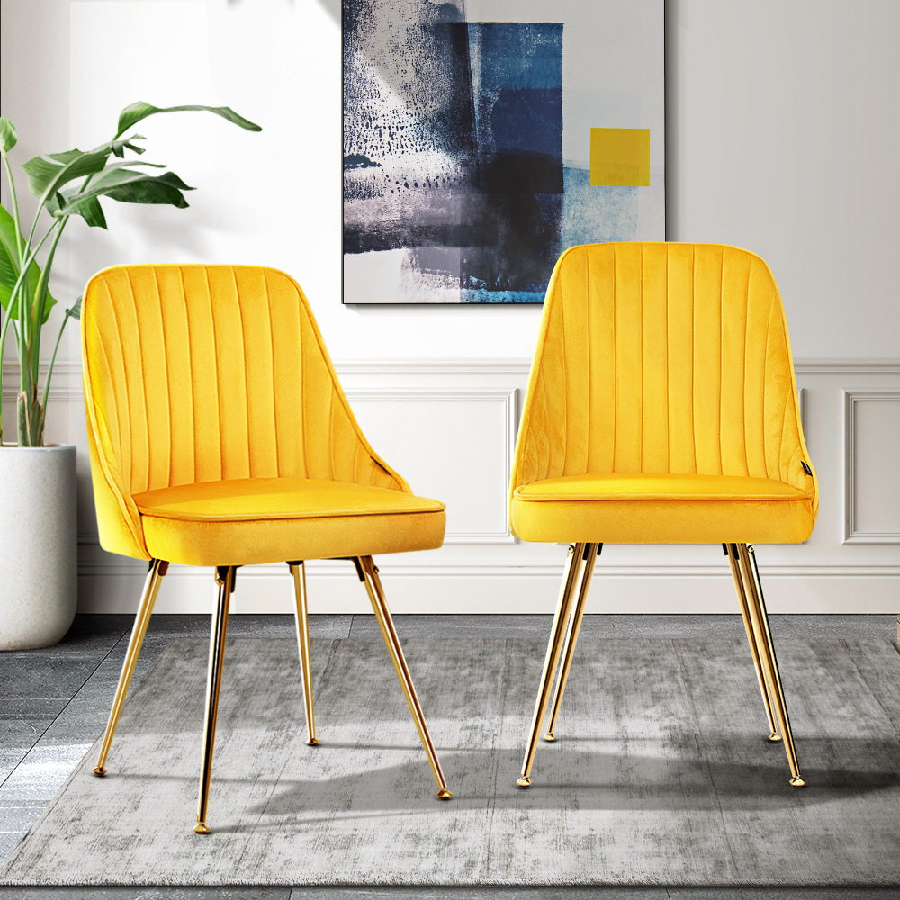 Artiss Set of 2 Dining Chairs Retro Chair Cafe Kitchen Modern Metal Legs Velvet Yellow freeshipping - Awezingly